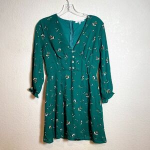 Purple Snow Mini A-line Dress Womens M Green Floral Long Sleeve V-neck Button